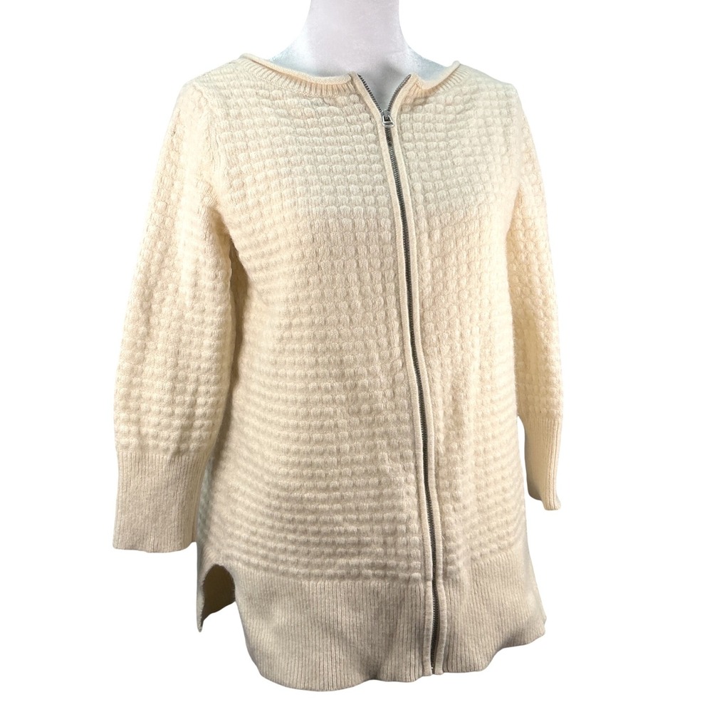 Club Monaco‎ Womens Cream Textured Waffle Knit Zip Front Cardigan Sweater Ivory